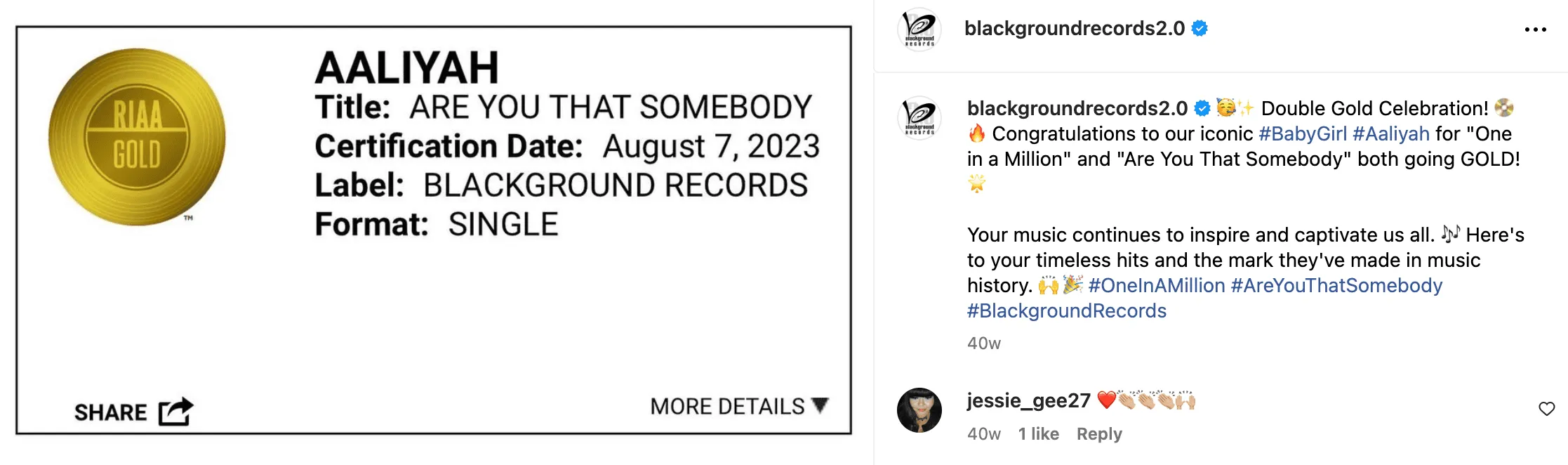 RIAA certification for Are You That Somebody alongside social posts
