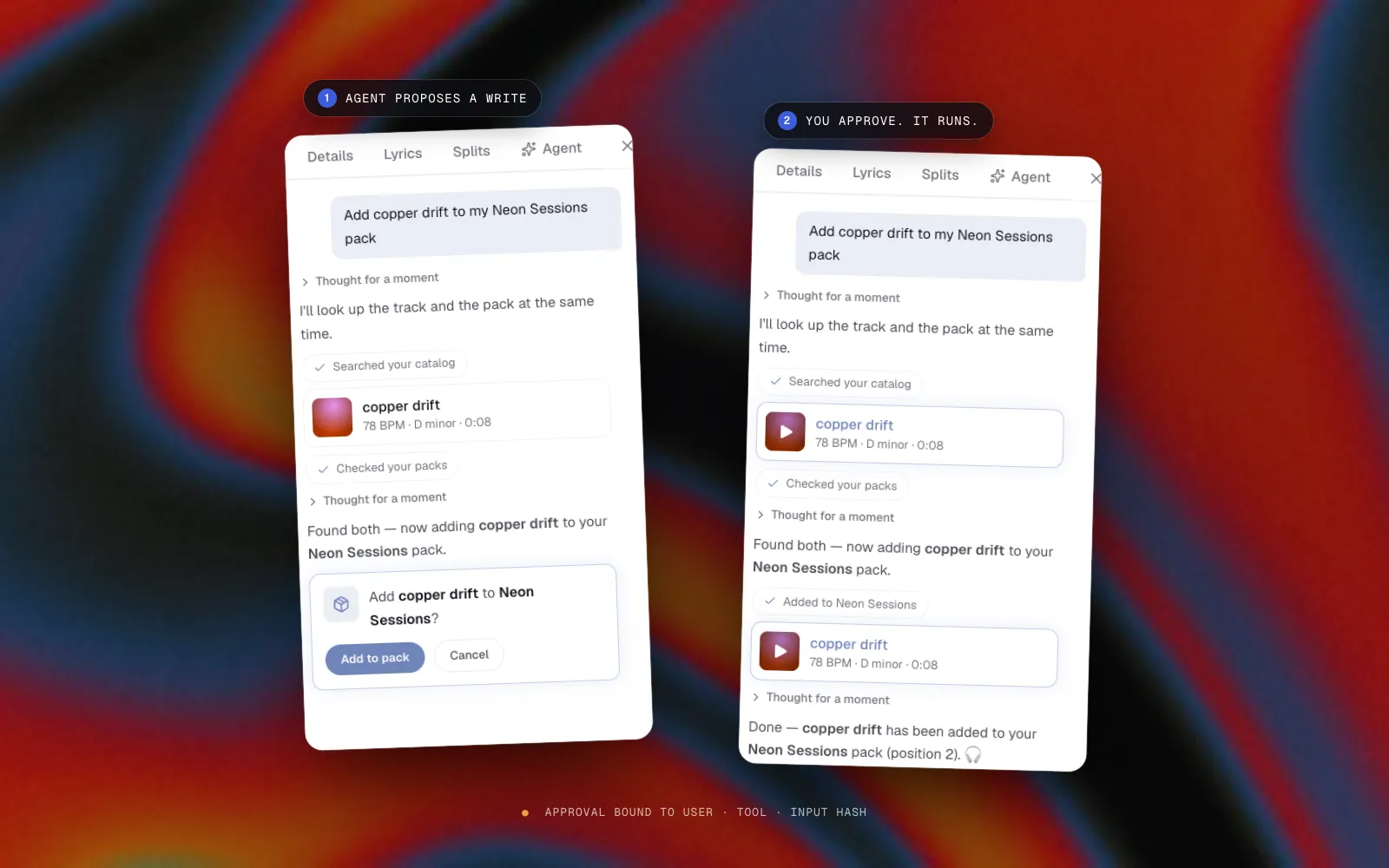 Two Swayzio agent panels: the agent proposing to add a track to a pack with an approval card, then confirming it was added