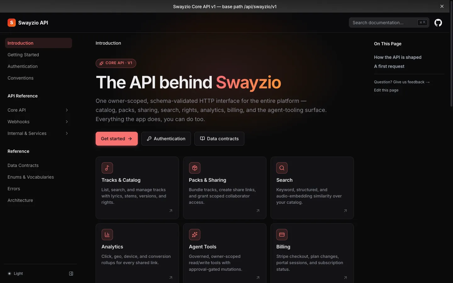 Swayzio API documentation home page: The API behind Swayzio, with cards for tracks, packs, search, analytics, agent tools, and billing