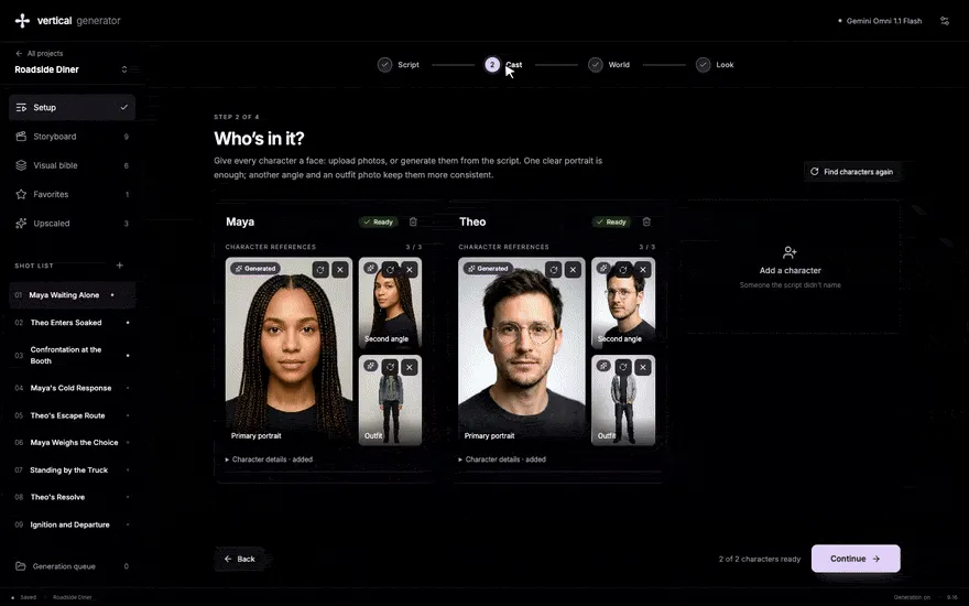 Cast step: Maya and Theo, each with a primary portrait, a second angle, and an outfit
