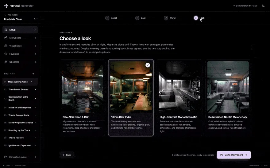 Look step: four diner stills in neo-noir, 16mm, monochrome, and Nordic treatments